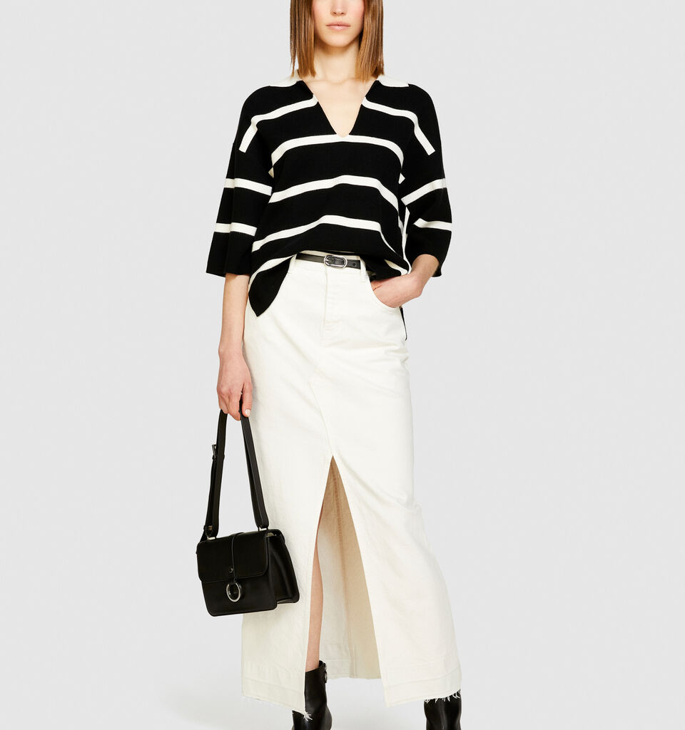 Striped maxi polo - women's v-neck sweaters - Black | Sisley image number 1